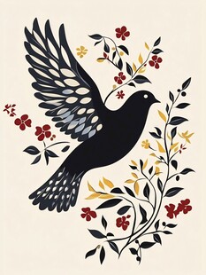 飞鸟伴花枝的精美插画