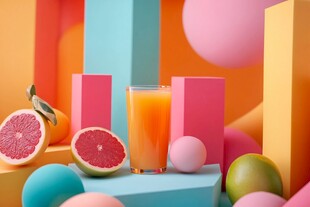 多彩背景下的西柚与果汁