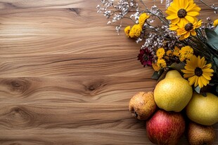 木桌上的鲜花与多汁水果