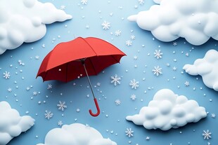 红伞飘于雪云间