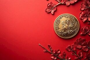 福字金币配红梅喜庆画面