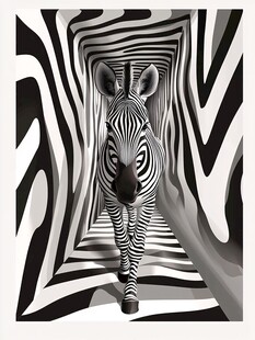 斑马置身黑白条纹奇幻空间