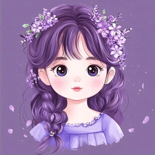紫发花饰的可爱卡通女孩