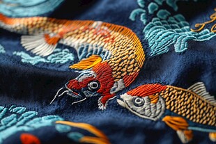 中式刺绣锦鲤图案特写