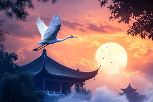 夕阳下白鹤飞过古典楼阁