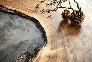 木质桌面与松果树枝摆件