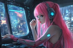赛博粉发少女专注操作