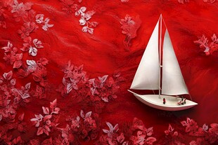 红底繁花上的白色帆船