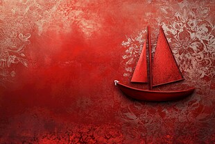 红色帆船在复古花纹背景中