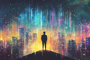 男子眺望未来感都市夜景