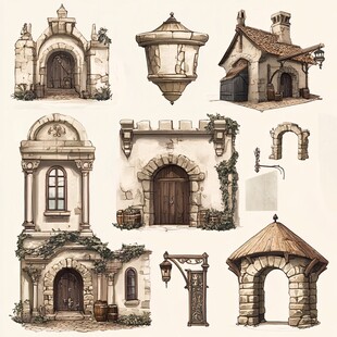 欧式复古建筑元素手绘集合