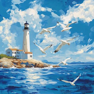 灯塔海鸥共舞的海滨风光