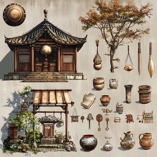古风中式建筑与器物元素集