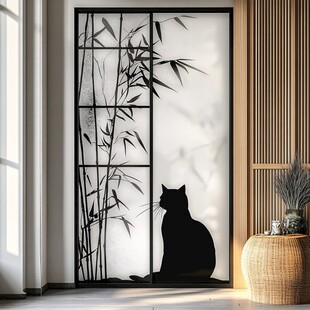 竹影旁的黑猫艺术屏风