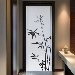 中式风玻璃门竹叶装饰画