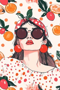 波点少女与柑橘元素插画