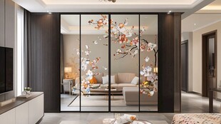 中式花鸟玻璃隔断客厅空间