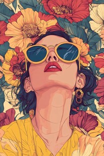 戴墨镜的花中女子