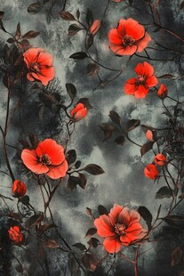 复古风红花朵植物图案