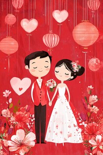 浪漫中式婚礼情侣插画