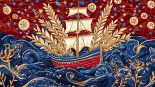 金色帆船在海洋星空下航行