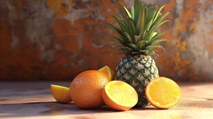 菠萝与橙子的静物组合