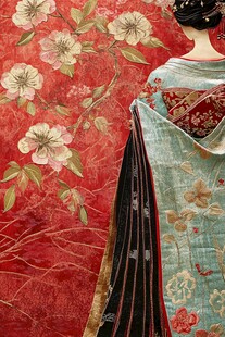 古典华服女子与繁花背景