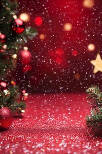 圣诞红背景下的节日装饰