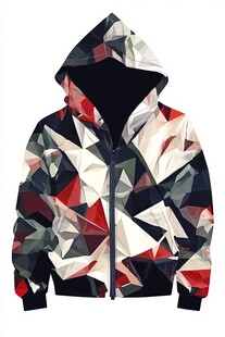 几何图案连帽拉链夹克衫