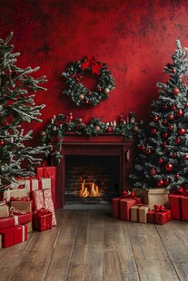 圣诞红墙壁炉温馨节日场景