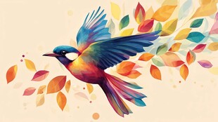 彩色飞鸟伴秋叶飞舞