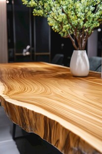 自然纹理实木桌与绿植