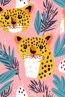粉色豹纹与植物图案插画