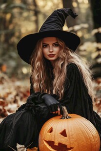 女巫手持南瓜置身秋景中