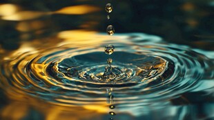 水滴落水面泛起金色涟漪