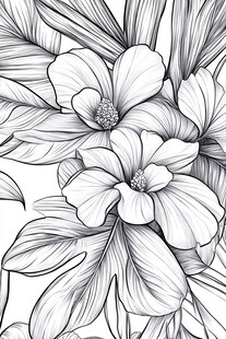 黑白花卉线稿图案设计