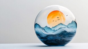 圆瓷绘景 山海落日飞鸟图