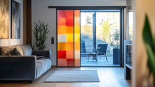 现代客厅连通多彩玻璃庭院