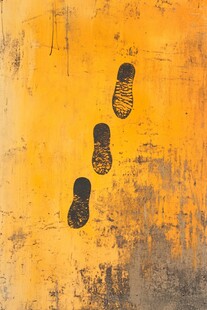 黄色墙面上的三枚脚印