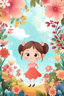 花丛中的可爱小女孩