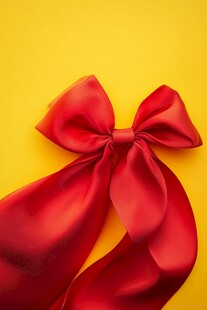 红色绸缎蝴蝶结于黄色背景