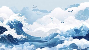 海浪翻涌飞鸟翔于天际