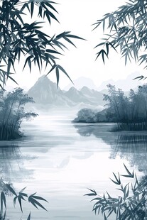 水墨竹林山水意境图