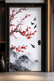 中式梅花飞鸟入户门装饰画