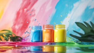 多彩颜料罐与缤纷色彩飞溅