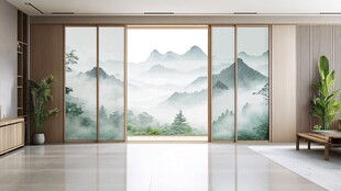 中式山水风客厅移门设计