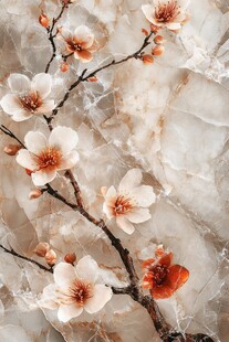 中式大理石背景上的绽放花朵