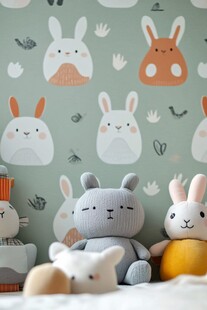 可爱兔子墙贴前的毛绒玩具