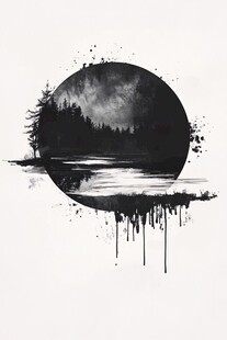 水墨风圆形森林湖泊景致