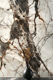 大理石前的黑色花瓶插花